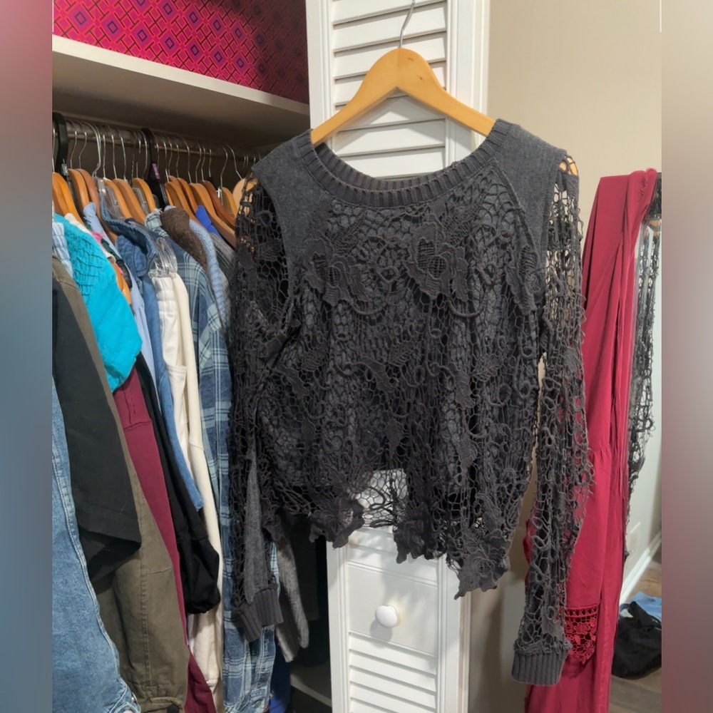 Free People Charcoal Open Lace Knit Sweater